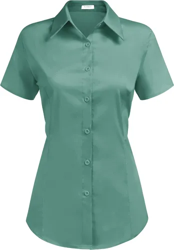 Miniatura 10 de HOTOUCH - Camisas básicas con botones para mujer de manga corta elásticas con cuello de botón para mesera y trabajo