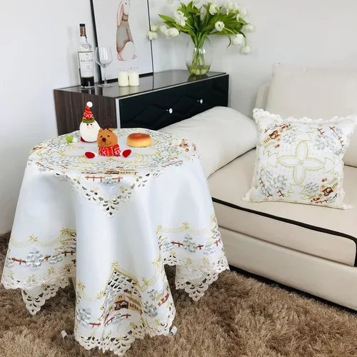 Miniatura 20 de Camino de mesa de Navidad 100% poliéster, bordado de encaje de Navidad, decoraciones de mesa de Navidad de 16 x 52 pulgadas, velas de pascua