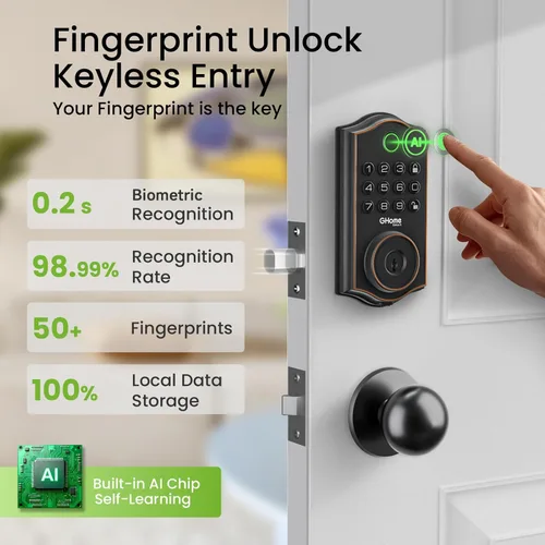 Miniatura 3 de GHome Smart Cerrojo de Seguridad, Cerradura de Puerta sin Llave con Código de Huella Dactilar para Puerta Delantera, Bloqueo Automático, Control por
