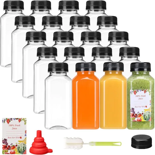 SUPERLELE 20 botellas de plástico de 8 onzas, recipientes de jugo reutilizables con tapas para jugos, batidos, bebidas y otras bebidas
