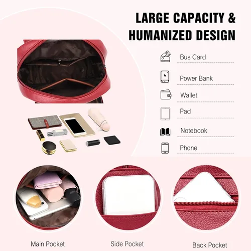 Miniatura 4 de FANDARE Mochila vintage para mujer con borla, mochila de cuero PU para mujer, Negro, Grande