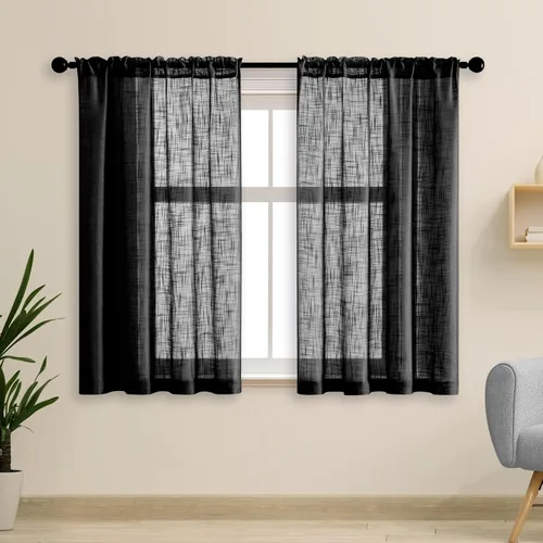 Cortinas negras de 48 pulgadas de largo para ventana de cocina, 2 paneles con bolsillo para barra, filtrado de luz, aspecto de lino sintético,