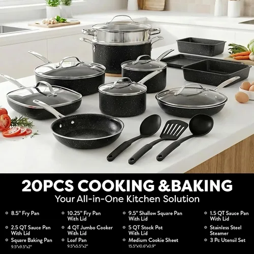 Miniatura 2 de GRANITESTONE Juego completo de 20 ollas y sartenes antiadherentes con sartén, utensilios para hornear, vaporizador, utensilios de cocina, hechos sin