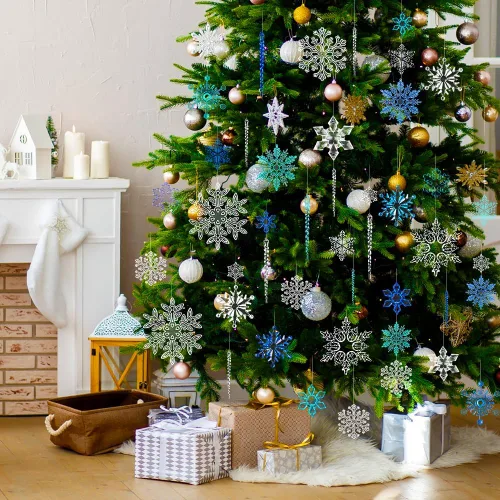 Miniatura 7 de YUJUN 56 piezas de adornos de copos de nieve de Navidad de cristal, copos de nieve azules de invierno, gotas de carámbano para árbol de Navidad