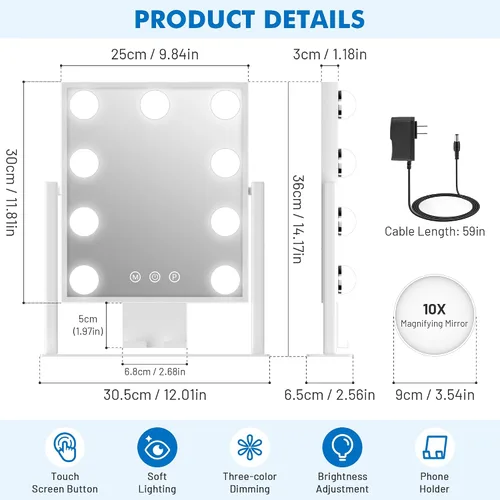 Miniatura 6 de Kottova Espejo de maquillaje con luces, espejo de tocador de 14 x 12 pulgadas, espejo de maquillaje iluminado con iluminación regulable de 3