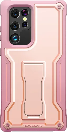 ExoGuard Funda para Samsung Galaxy S22 Ultra, funda de goma resistente a prueba de golpes con soporte incorporado (rosa)