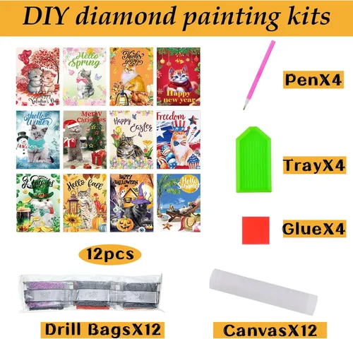 Miniatura 3 de Sinmoe 12 piezas de arte de diamantes de San Valentín DIY 5D Cat Diamond Painting Kits para adultos, pinturas de diamantes para niños, padres, niños