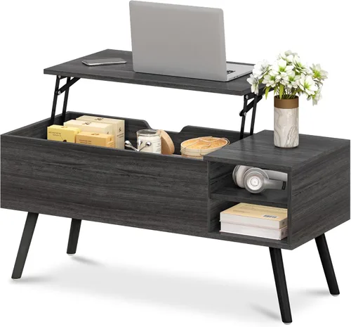 Miniatura 8 de Aline Furniture - Mesa de centro negra con superficie que se levanta y compartimento de almacenamiento oculto, patas de madera maciza y estantes