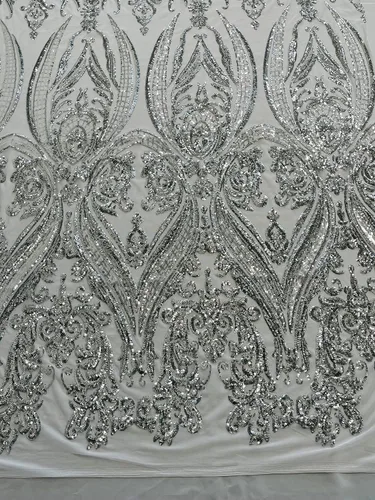 Miniatura 12 de Telón de fondo King INC Empire Damask Design con lentejuelas bordadas en una tela de malla elástica de 4 vías (amarillo brillante)