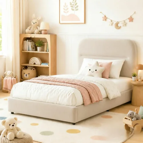 Miniatura 3 de HOMBCK Marco de Cama Boucle Tamaño Twin, Marco de Cama Tapizado con Cabecero, Marcos de Cama Twin para Niños, Pie de Cama Engrosado/Esquinas