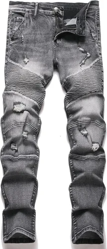 XIMXIMMTIAN Jeans de mezclilla para hombre estilo motociclista, lavados, desgastados, ajustados y rectos