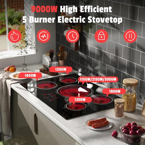 Miniatura 3 de Placa de Cocción Eléctrica de 30 Pulgadas - Potente Placa Eléctrica de 5 Quemadores de 9000W, Estufa de Cerámica Empotrada de 220V de 30 Pulgadas