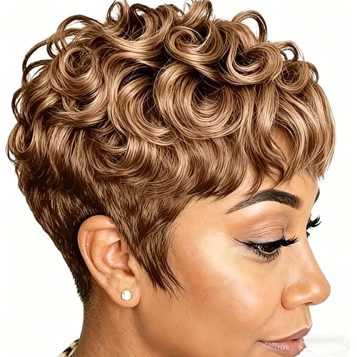 Miniatura 16 de Pelucas cortas de corte Pixie negro natural para mujeres negras, pelucas de cabello rizado de repuesto, peluca corta negra en capas con flequillo