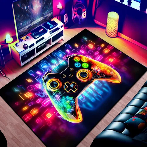 Miniatura 10 de Alfombra de área de juego para adolescentes, alfombra de 3D transparente con diseño de gamepad y controlador de juego de fondo de bomba colorida