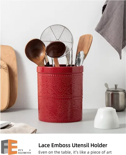 Miniatura 2 de FUN ELEMENTS Soporte para utensilios de cocina, 7.2" Recipiente para utensilios súper grande pesado y estable de cerámica con relieve de encaje