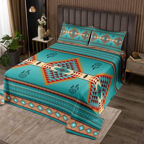 Miniatura 23 de Erosebridal Juego de colcha étnica tribal con flechas geométricas aztecas, acolchado occidental, tribu africana, exótico, atrapasueños, plumas