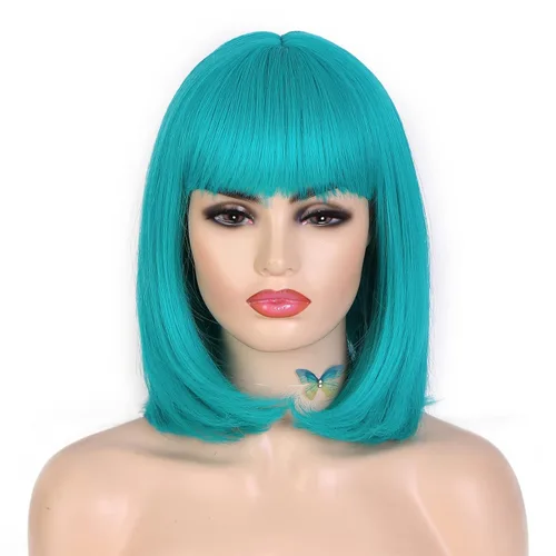 Miniatura 3 de Lady Miranda Peluca verde azulado corta Bob con flequillo para mujer, resistente al calor, peluca sintética turquesa de 12 pulgadas, peluca