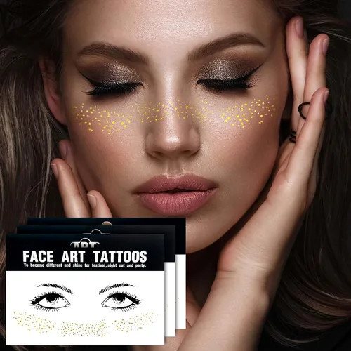 3 hojas de calcomanías de maquillaje de cara de pecas sintéticas metálicas doradas, impermeables, brillantes, arte corporal para festivales de