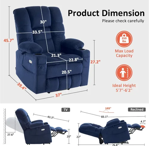 Miniatura 3 de MCombo Silla reclinable eléctrica grande de triple motor con masaje y doble calefacción, reposacabezas ajustable para personas mayores altas, tela