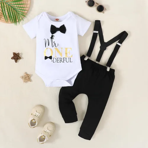 Miniatura 2 de Conjunto divertido de ropa de primer cumpleaños para bebé niño, con corbatín y estampado de dinosaurio, conjunto de pantalones con tirantes
