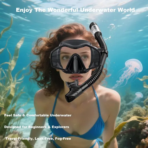Miniatura 4 de Equipo de esnórquel para adultos, juego de aletas de máscara, máscara de buceo con vista panorámica, antivaho, esnórquel seco, aletas de natación
