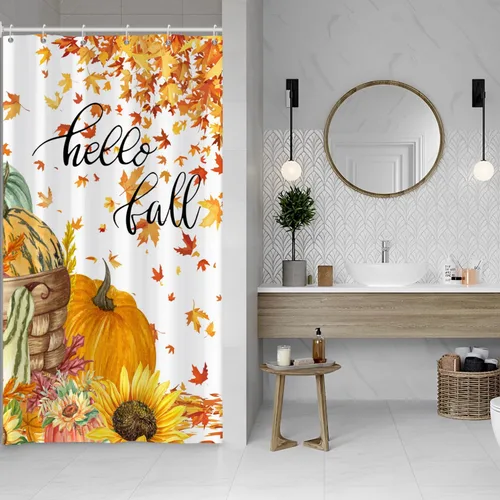 Miniatura 29 de Cortina de ducha de fantasma y gato negro para niños, 36 x 72 pulgadas, espeluznante y bonita, cortina de baño de Halloween con 6 ganchos, cortina