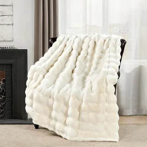 Manta blanca de piel sintética gruesa de lujo, 750 GSM, manta mullida de felpa suave y cálida de 50 x 60 pulgadas, manta reversible de doble capa
