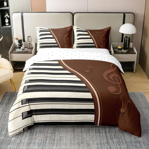 Miniatura 35 de Juego de ropa de cama tamaño King 100% algodón con notas musicales de piano y clave musical, juego de ropa de cama para niños y niñas, diseño retro