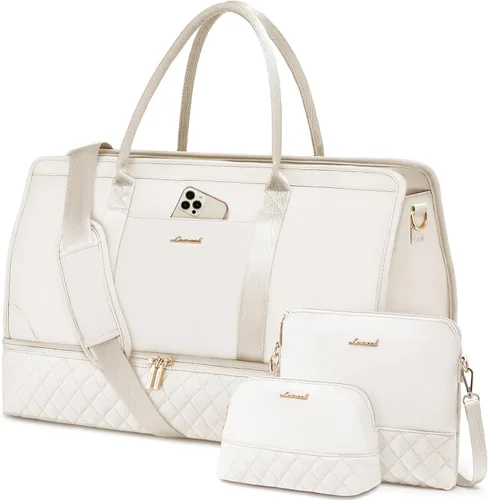 Bolsas de fin de semana para mujer, bolsa de viaje con compartimento para zapatos, bolsa de mano para la noche, juego de 3 piezas, Beige, Elegante