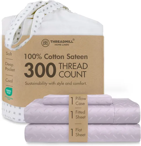 Miniatura 14 de Threadmill Sábanas 100% Algodón para Cama Tamaño King Juego de Sábanas de 4 Piezas para Cama King Suave, Transpirable y Ligero Satén de Damasco