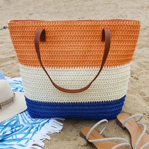 Miniatura 18 de Bolso grande de paja para mujer, tejido de ratán, bolso de playa de verano, a rayas