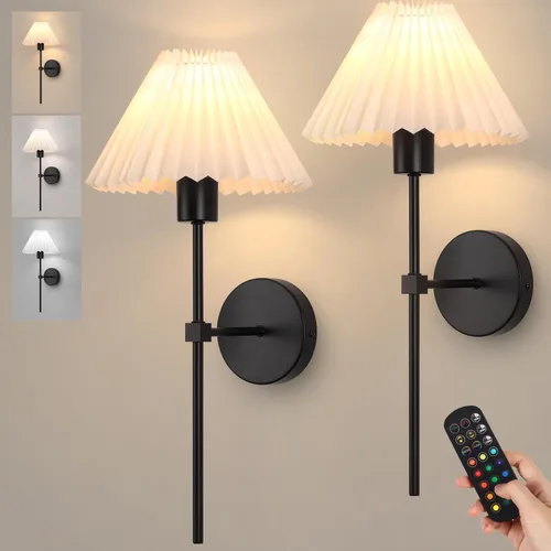 Miniatura 10 de Juego de 2 apliques de pared inalámbricos, pantallas plisadas recargables que funcionan con batería, luces de pared retro de cuello de ganso Dorado