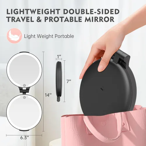 Miniatura 6 de FUNTOUCH Espejo de viaje con luz, espejo de maquillaje recargable 1X/10X con aumento, 7 pulgadas, doble cara, 3 modos de iluminación