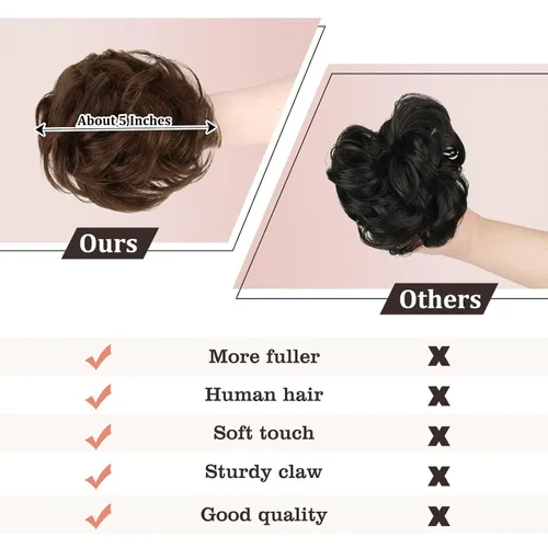 Miniatura 3 de RUWISS Extensiones de cabello con clip de garra, moño desordenado, cabello humano real, ondulado, rizado, moño, moño recogido, clip de garra, Marrón