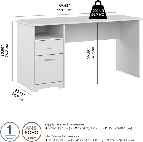 Miniatura 3 de Bush Furniture Cabot - Escritorio de oficina de 60 W para oficina en casa con almacenamiento y herrajes cromados, elegante mesa de computadora