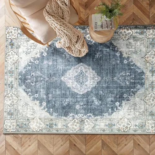 Miniatura 2 de MUJOO Alfombra Boho de 3'x5' Azul Gris Alfombras Lavables a Máquina Alfombra de Área Pequeña Antideslizante Alfombras Decorativas para Entrada Gris