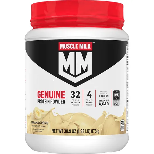Muscle Milk Polvo de Proteína Genuine, Crema de Banano, 1.93 Libras, 13 Porciones, 32g de Proteína, 4g de Azúcar, Calcio, Vitaminas A, C y D,
