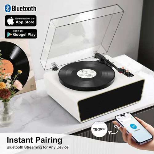 Miniatura 8 de Tocadiscos de vinilo de tamaño completo, tocadiscos Bluetooth de 3 velocidades con estilo Ruby, contrapeso ajustable, 4 altavoces estéreo