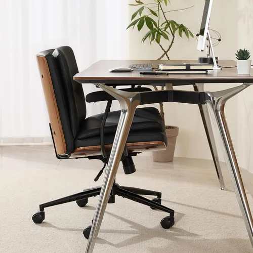 Miniatura 5 de Silla de Oficina para Hogar con Respaldo y Ruedas, Silla Giratoria Ejecutiva Moderna de Nogal, Silla de Tocador de Piel Sintética con Soporte Negro