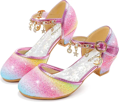 Furdeour Zapatos de vestir para niñas, zapatos de princesa con tacón alto de cristal, puntera cerrada, fiesta, boda, flores, zapatos para niñas