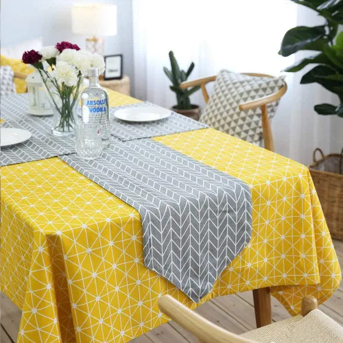 Miniatura 2 de Meioro - Mantel rectangular de algodón y lino para mesa, estilo boho amarillo, diseño nórdico de sarga, manteles sin arrugas, a cuadros a rayas