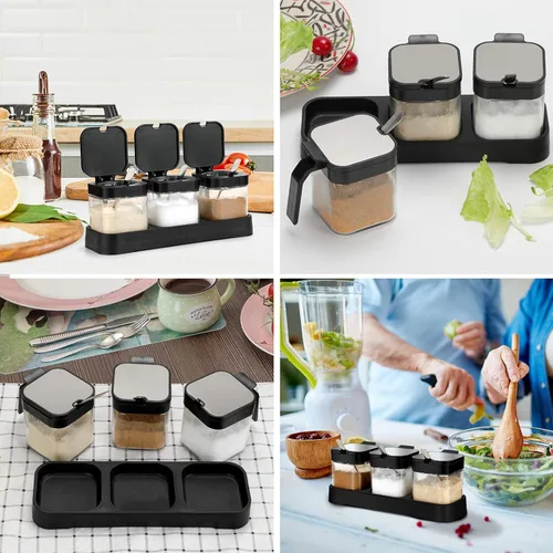 Miniatura 5 de Mlici Contenedor de especias para condimentos con tapas y cucharas, recipientes de vidrio transparente de 8.6 onzas, contenedor de condimentos