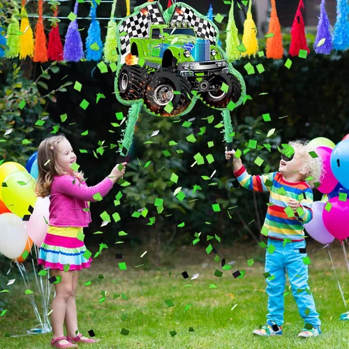 Miniatura 4 de Faccito Piñata de camión de carreras de monstruo con venda y palo, piñata de carreras pequeña verde para decoración de fiestas de niños, 14.1 x 12.6