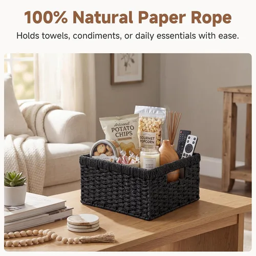 Miniatura 4 de StorageWorks Cesta de mimbre con asa, cestas de almacenamiento de mimbre para organizar, cestas de almacenamiento decorativas para estantes, cuerda