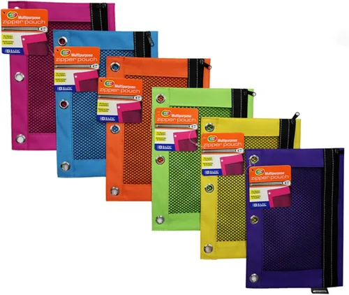 Miniatura 9 de BAZIC Products Estuche para lápices de 3 anillos con agujeros de anillos reforzados con remaches, bolsas de malla de colores surtidos con cremallera