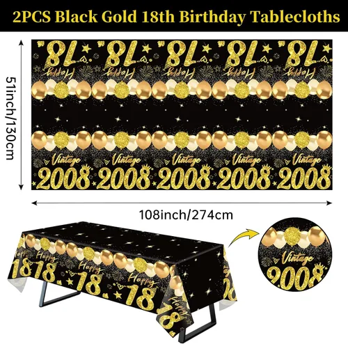 Miniatura 2 de Uiorgui 2 piezas mantel de cumpleaños número 18, mantel de cumpleaños número 18 negro dorado para niños y niñas, mantel de plástico rectangular
