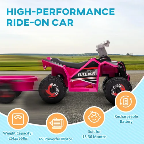 Miniatura 5 de Aosom Cuatrimoto ATV para Niños con Remolque Trasero, Coche Eléctrico de 6V con Función de Avance y Retroceso, Ruedas Resistentes al Desgaste, Rosa