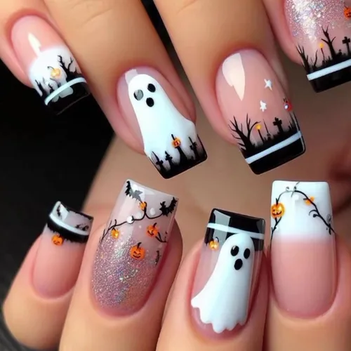 Miniatura 22 de MISUD Uñas a presión – Uñas cuadradas largas con pegamento rosa y negro, acrílico Y2K diseño de dijes de 24 piezas