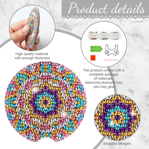 Miniatura 4 de Kajaia 8 posavasos de auto con pintura de diamante con base de corcho, posavasos de mandala, kits de arte de pintura de diamante, suministros