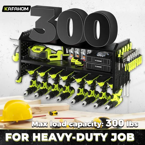 Miniatura 5 de KAFAHOM Organizador de herramientas eléctricas, soporte de pared grande para 8 taladros con 2 tableros de clavijas laterales, estante de Verde